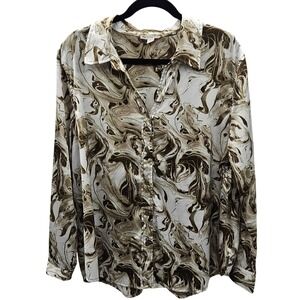 Eliane Rose Womens XL Brown Olive‎ Cream Marble Swirl Print Button Down Blouse